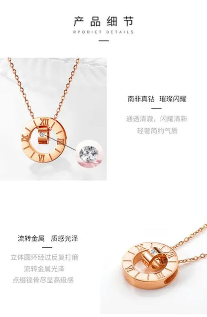 Diamond Necklace Titanium Steel Rose Gold Double Ring Romanesque Rose Gold Neckl