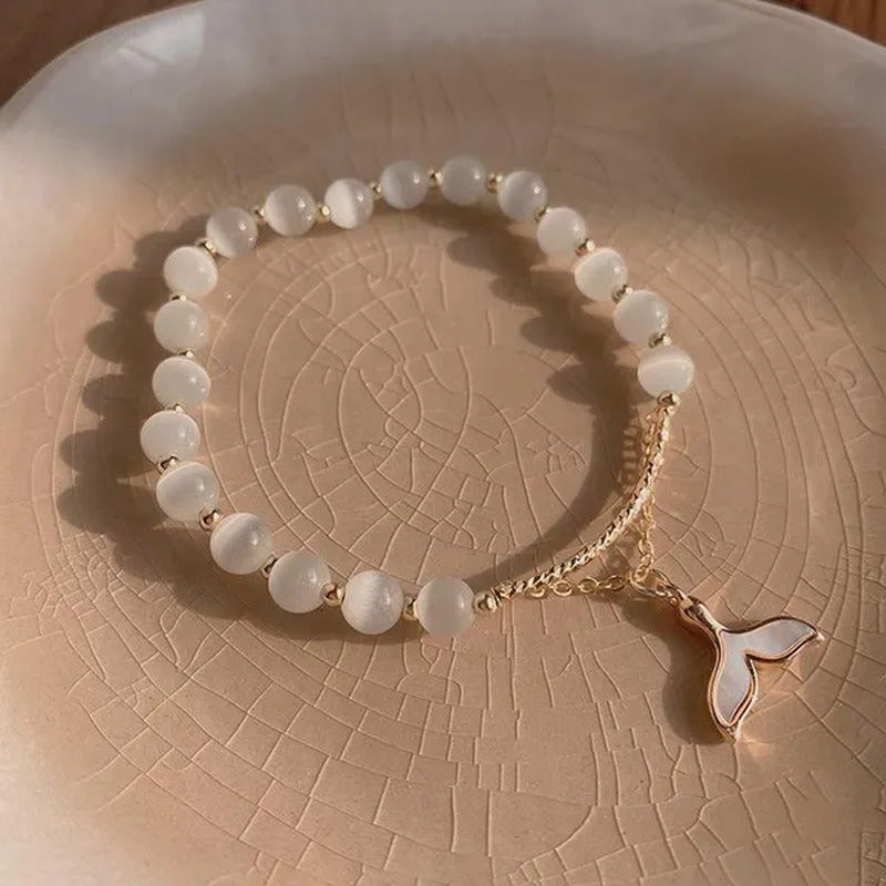 Evil Eye Fish Tail Beaded Bracelets Natural Cat Eye Stone 6 8Mm Opal Bangles Adj