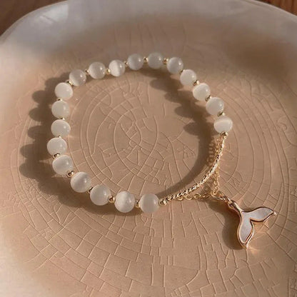 Evil Eye Fish Tail Beaded Bracelets Natural Cat Eye Stone 6 8Mm Opal Bangles Adj