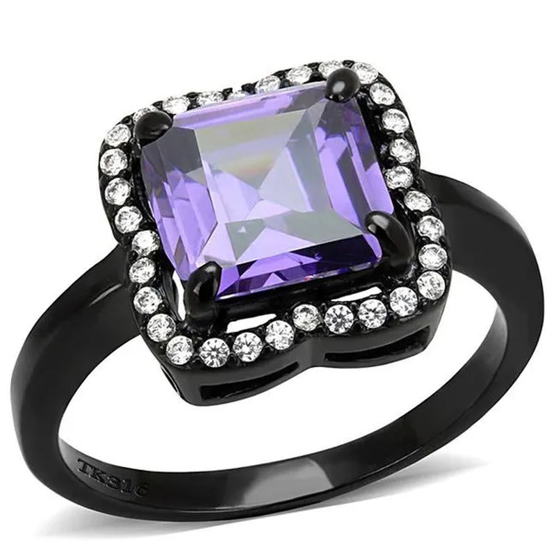 Women IP Black Stainless Steel Ring with AAA Grade CZ in Amethyst - Size 8