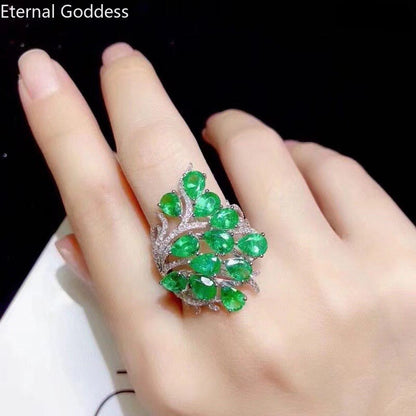 High Jewelry S925 Sterling Silver Natural Emerald New Girls Fashion Gem Rings