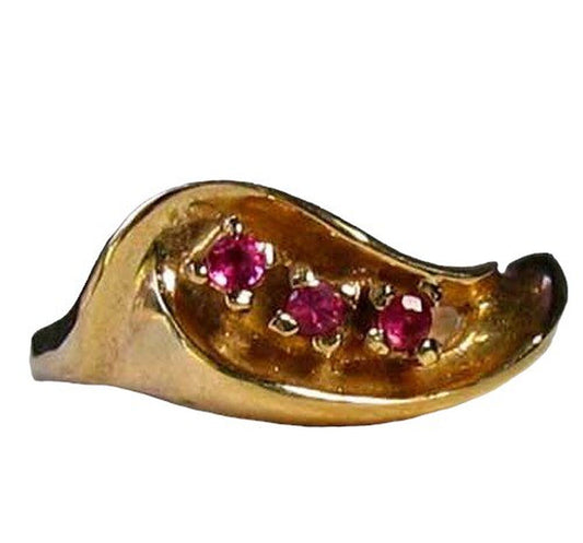 Three Stone Natural Red Ruby in Solid 14K Yellow Gold Ring | Size 6 |