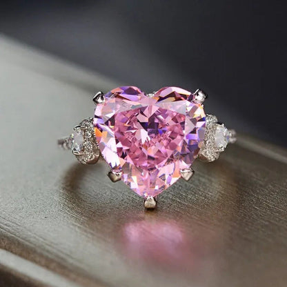 Luxury Silver Plated Simulated Pink Heart-Shaped Lab Diamond Engagement Ring wit
