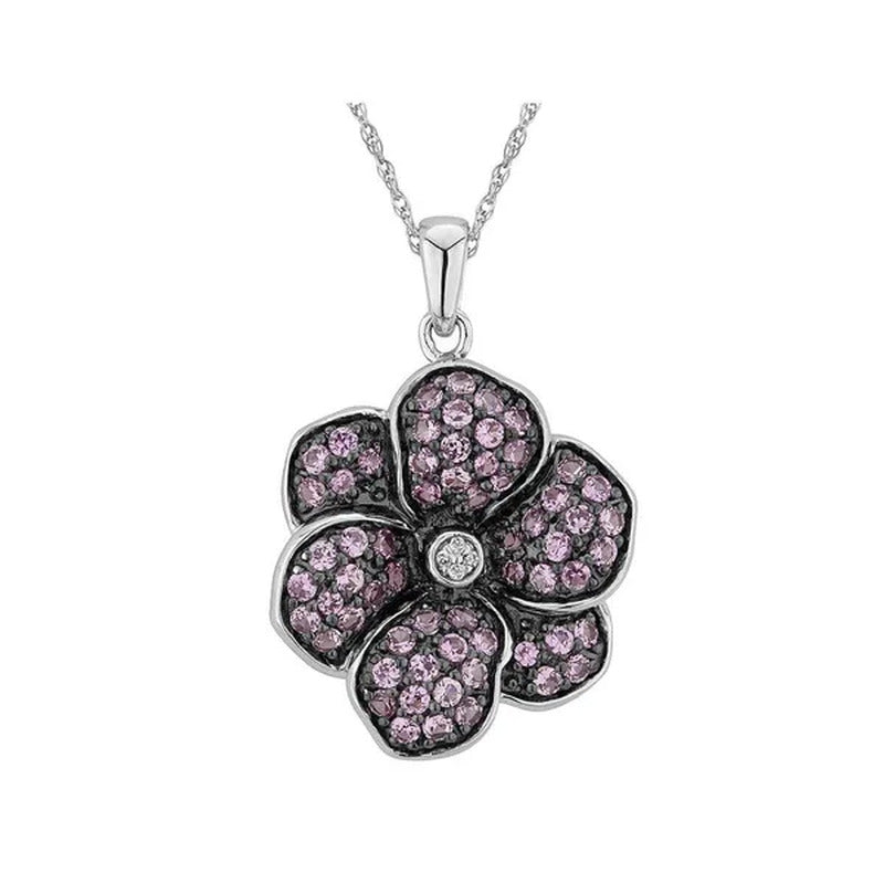 Created Pink Sapphire and Diamond Flower Pendant Necklace 1.00 Carat (Ctw) in St