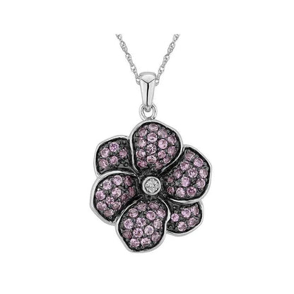Created Pink Sapphire and Diamond Flower Pendant Necklace 1.00 Carat (Ctw) in St
