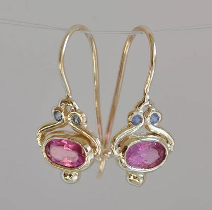 Unique Blue Sapphire Oval Pink Tourmaline Gemstone Dangle Hook Earrings Women Je