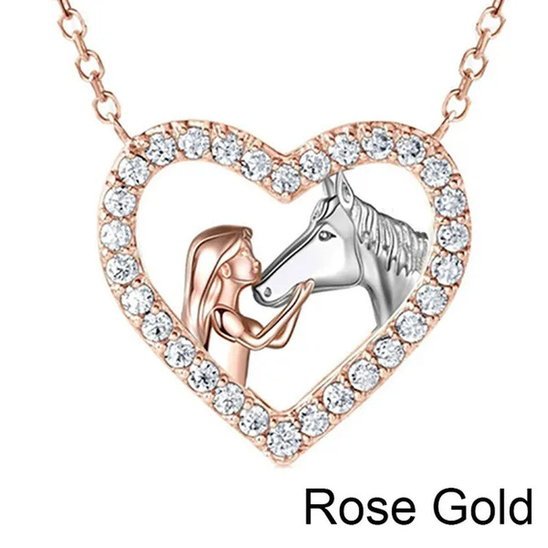 Girl and Horse Necklace for Women Girls Heart Diamond Pendant Necklace Horse Jew