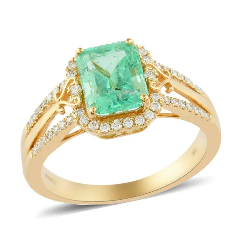 ILIANA 18K Yellow Gold Octagon AAA Emerald White Diamond Halo Engagement Ring Wo