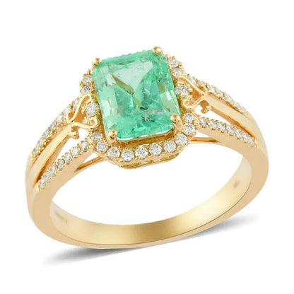 ILIANA 18K Yellow Gold Octagon AAA Emerald White Diamond Halo Engagement Ring Wo