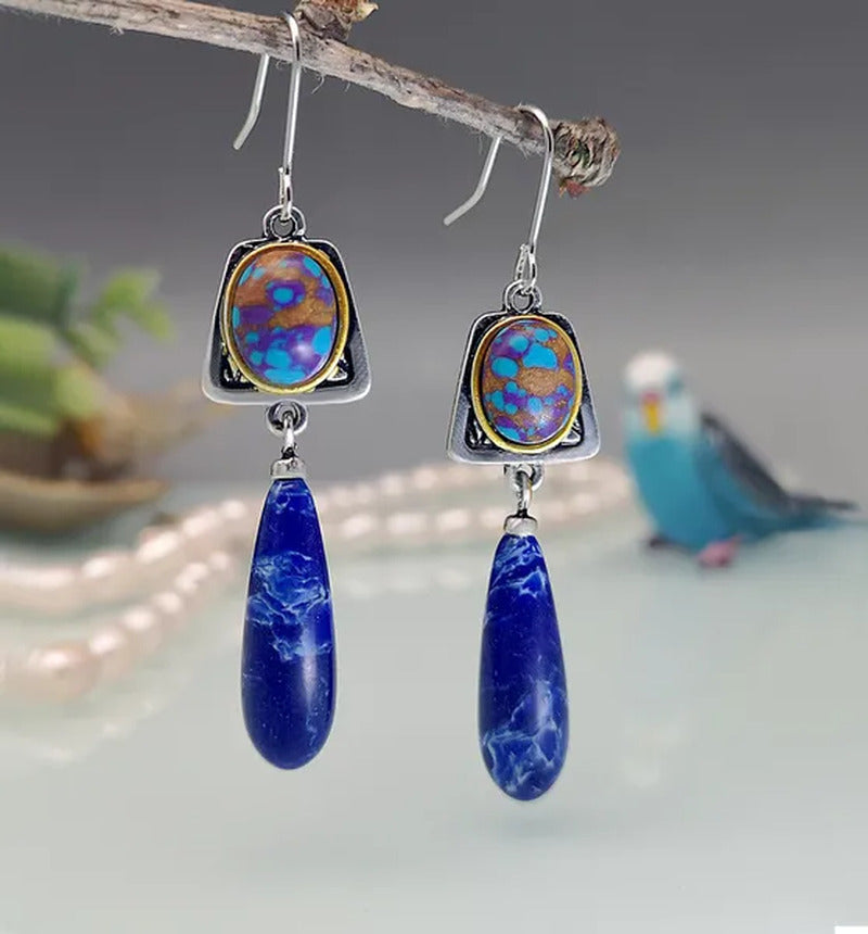 New Boho Style Natural Lapis Lazuli Gemstone Hook Earrings Women Wedding Engagem