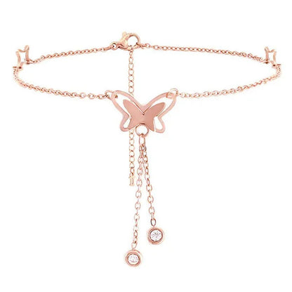 Women Beach Anklet Hollow Butterfly Double Drill Tassel Rose Bracelet Ankle Chai