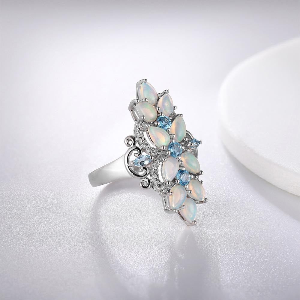 Original 925 Sterling Silver Rings for Women Natural Pear Opal Blue Topaz Gem