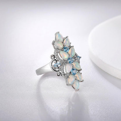 Original 925 Sterling Silver Rings for Women Natural Pear Opal Blue Topaz Gem