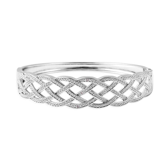 Diamond Silver Tone Weaved Bangle Cuff Bracelet 7" Ct 0.02 H-I I3"