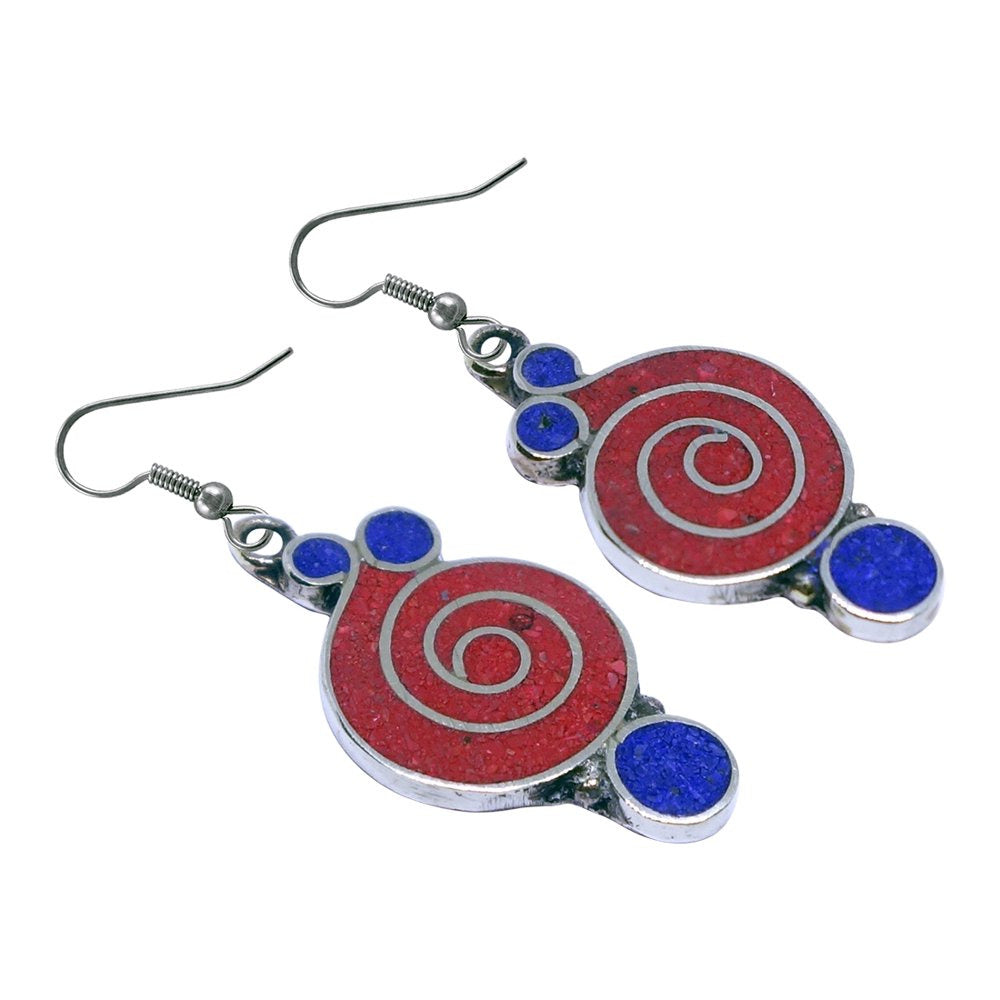 Gorgeous Handmade Compressed Red Coral & Lapis Lazuli Gemstone Inlay Drop Dangle