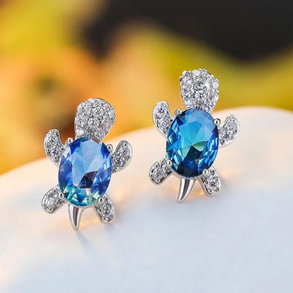 Ladies Cute Fashion Animal Turtle Silver Plated Sea Blue Sapphire Diamond Stud E