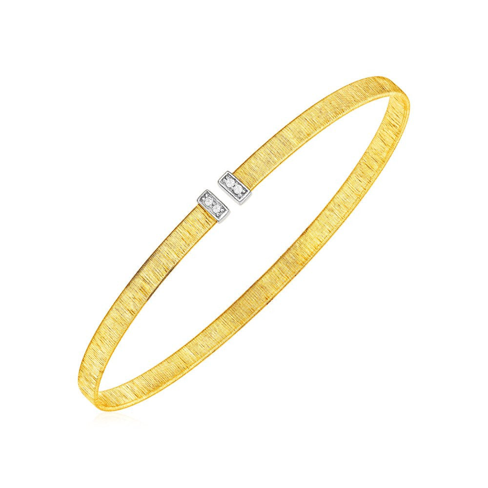 14K Two Tone Gold Narrow Silk Textured Cuff Bangle Diamonds 6.6 Grams