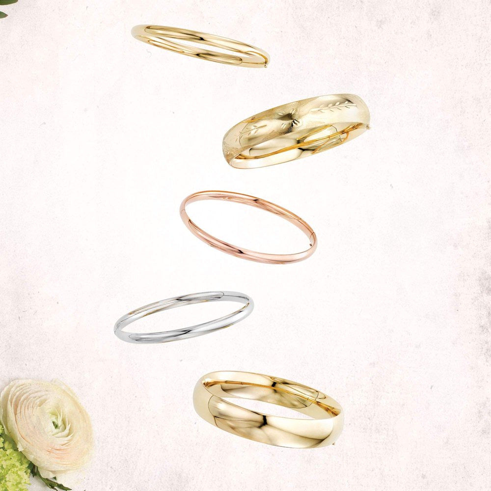 10K Yellow Gold 12Mm Shiny High Dome Flex Bangle Diamond Pattern 8"