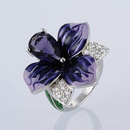 New Fashion Butterfly Flower Ring Jewelry Women 9Natural Gemstone Amethyst Ring
