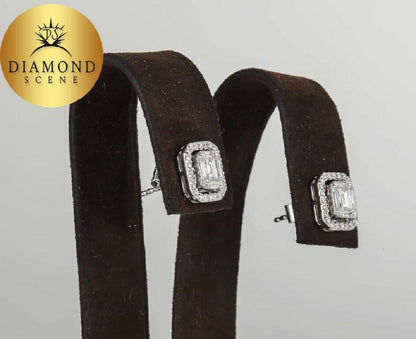 Illusion Emerald Cut Diamond Gold Stud Earrings F color VS clarity