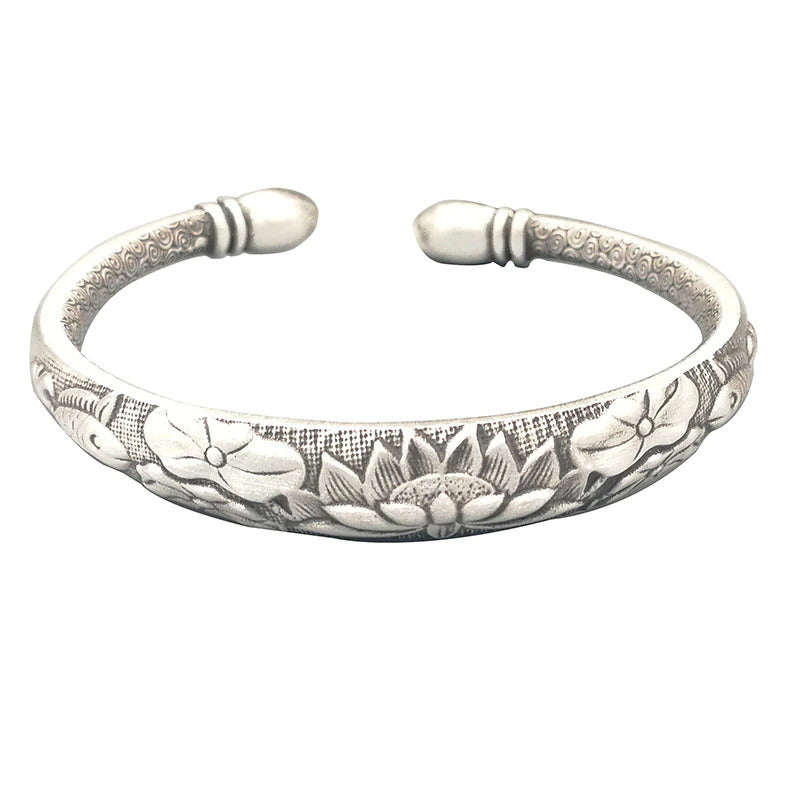 Tibetan Six Words Mantra Vintage Silver Bangles for Women Openable Fish Lotus Bu