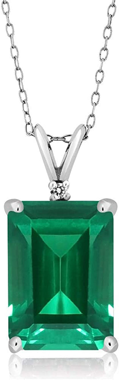 925 Sterling Silver Green Simulated Emerald and White Diamond Pendant Necklace f