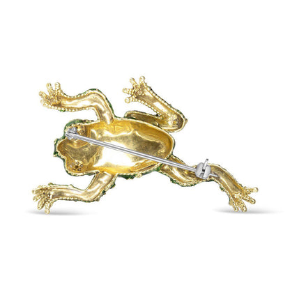 18K Yellow Gold 1/6 Cttw Diamond Green Frog Enamel Floral Brooch Pin (H-I Color,