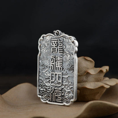 Sterling Silver 990 Vintage Auspicious Clouds Square Pendant for Men Carved