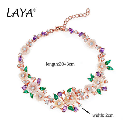 LAYA 925 Sterling Silver Fashion Natural Shell Flower Green Leaf Enamel High