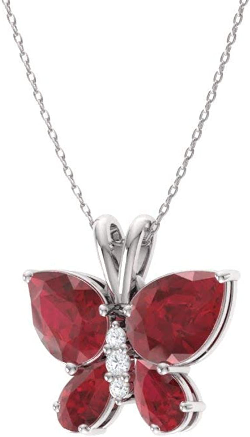 Natural and Certified Gemstone and Diamond Butterfly Petite Necklace in 14K Whit