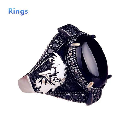 High Quality Men'S Business Ring, Antique Silver Inlaid Black Gemstone and Ruby
