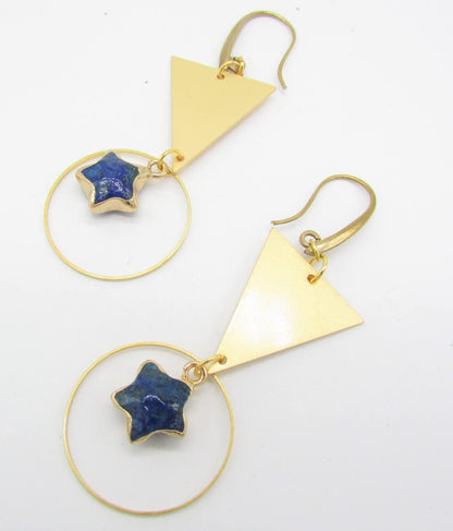Lapis Lazuli Star Dangles with Brass Triangles & Hoop Links Raw Brass Earrings