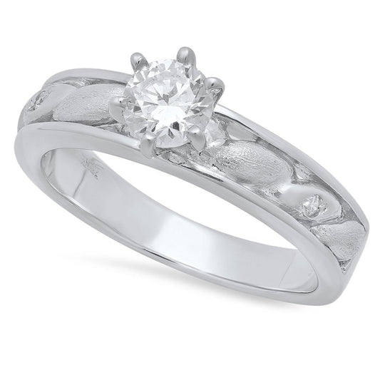 Round CZ Solitaire 4.1Mm Sterling Silver Italian Crafted Ellipse Inlay Engagemen