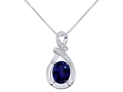 Diamond & Blue Sapphire Pendant Necklace in 14K White Gold with 18" Gold Chain -