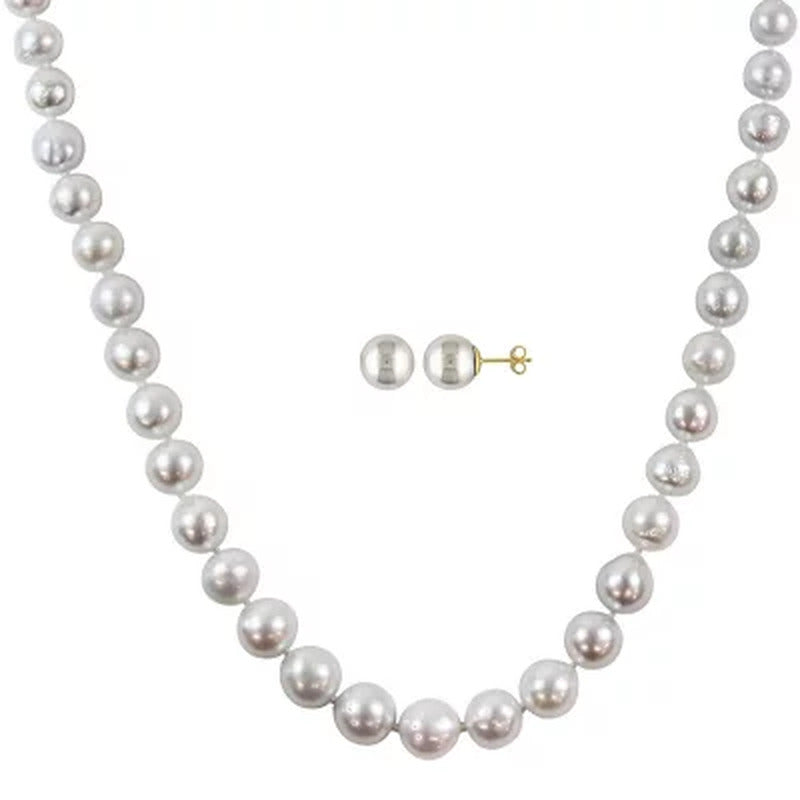 Allura 9-11 Mm White South Sea Pearl Strand Necklace and 9-10 Mm Stud Earrings S