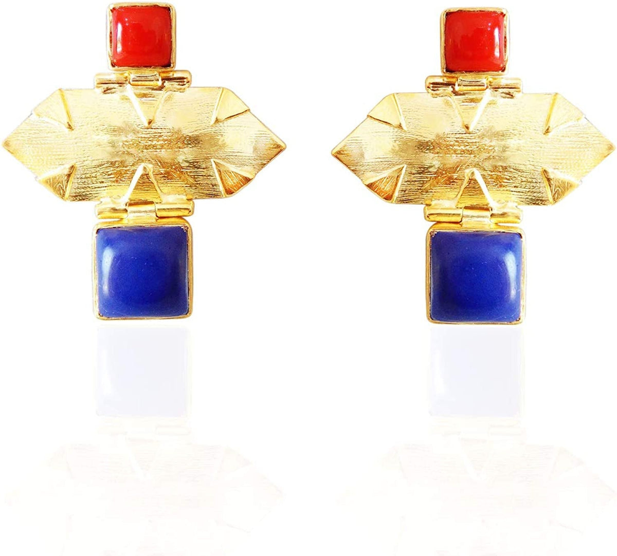 Textured 18K Gold Vermeil Lapis Lazuli and Red Coral Gemstone Post Dangle Earrin