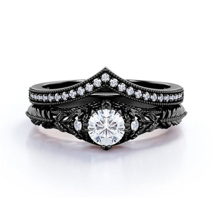 Engraved .68 Carat round Cut Real Diamond Victorian-Inspired Wedding Ring Set wi