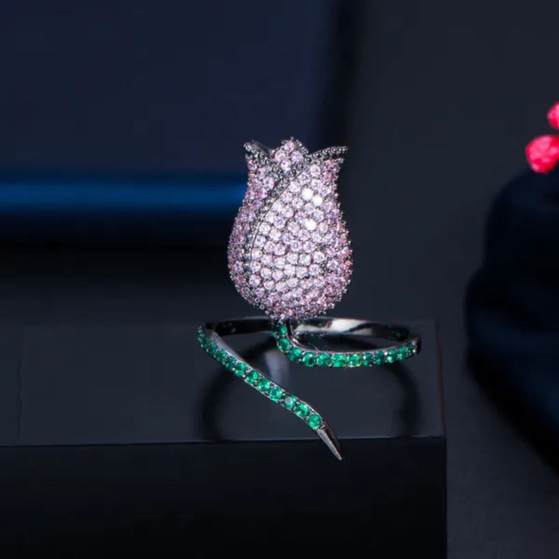 CANDICE Unique Finger Jewelry Micro Pave Pink Green Cubic Zirconia Black Gold Pl
