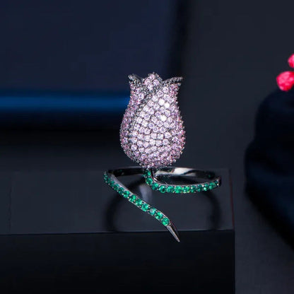 CANDICE Unique Finger Jewelry Micro Pave Pink Green Cubic Zirconia Black Gold Pl