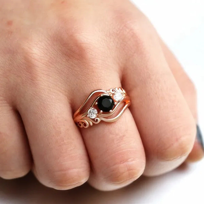 Fashion Ladies Rose Gold Leaf Vine Black Gemstone Rings Jewelry Bridal Romantic