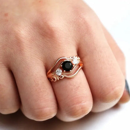 Fashion Ladies Rose Gold Leaf Vine Black Gemstone Rings Jewelry Bridal Romantic