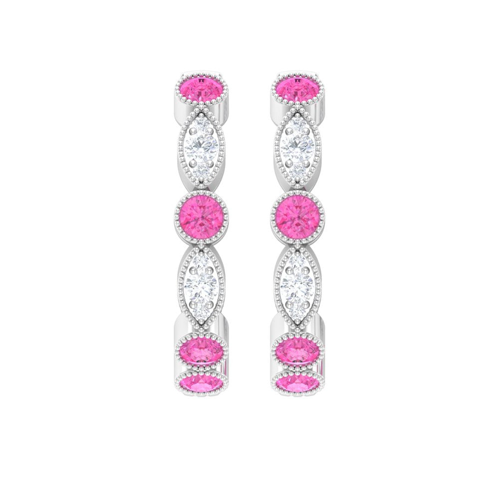 1 CT Pink Sapphire and Diamond Hoop Earrings, Pink Sapphire Vintage Earrings, Ho