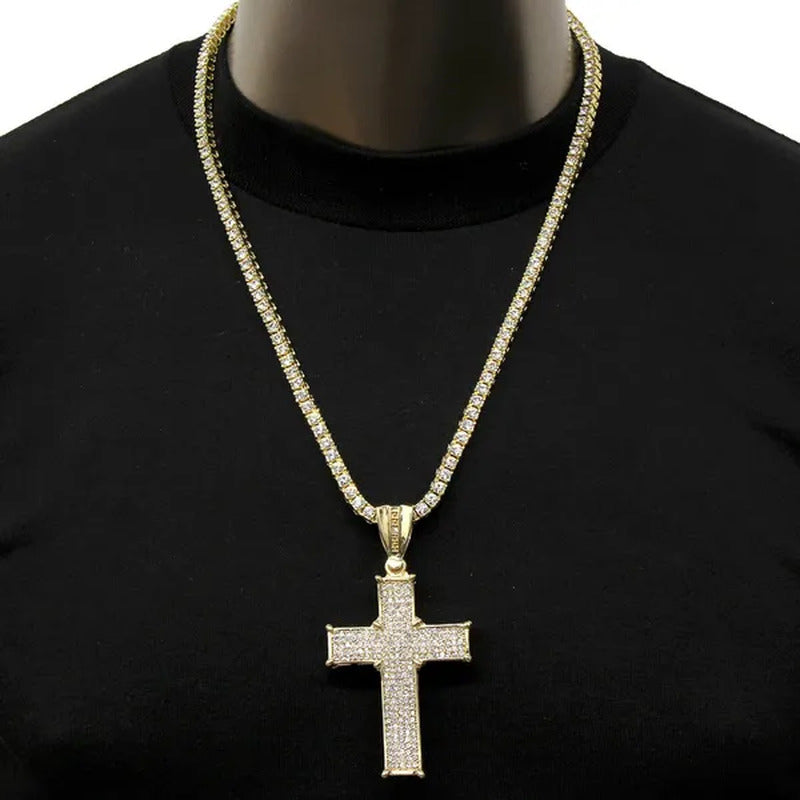 Mens 14K Gold Plated Hip-Hop Center Claw Cross Pendant W/ 24" 1 Row Lab Diamond