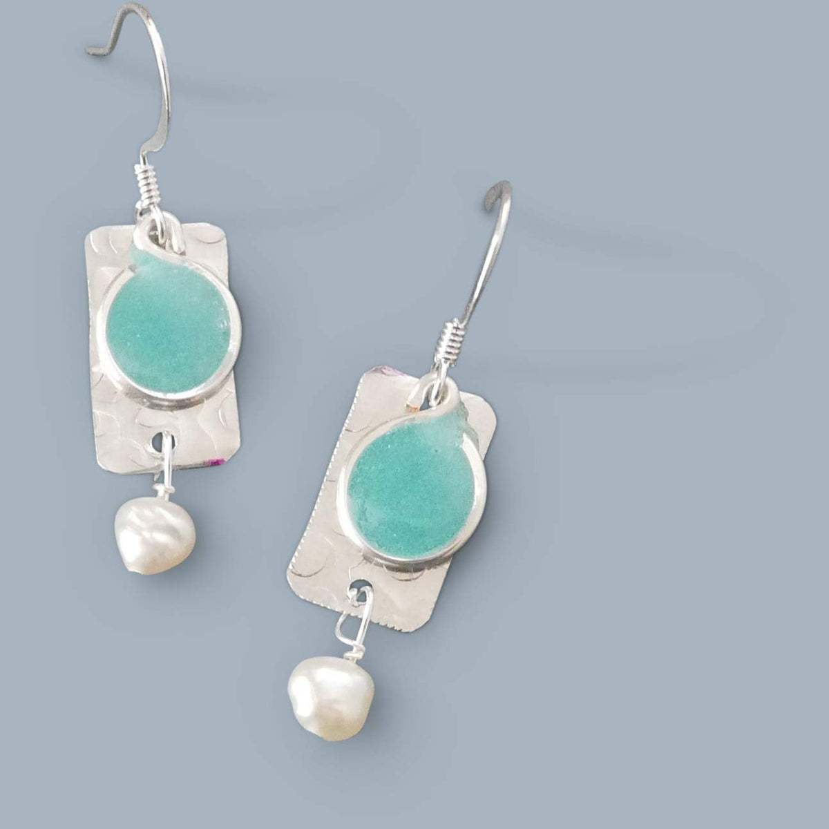 Handmade Lightweight Sapphire Blue and White Pearl Rectangle Drop Womens Earring