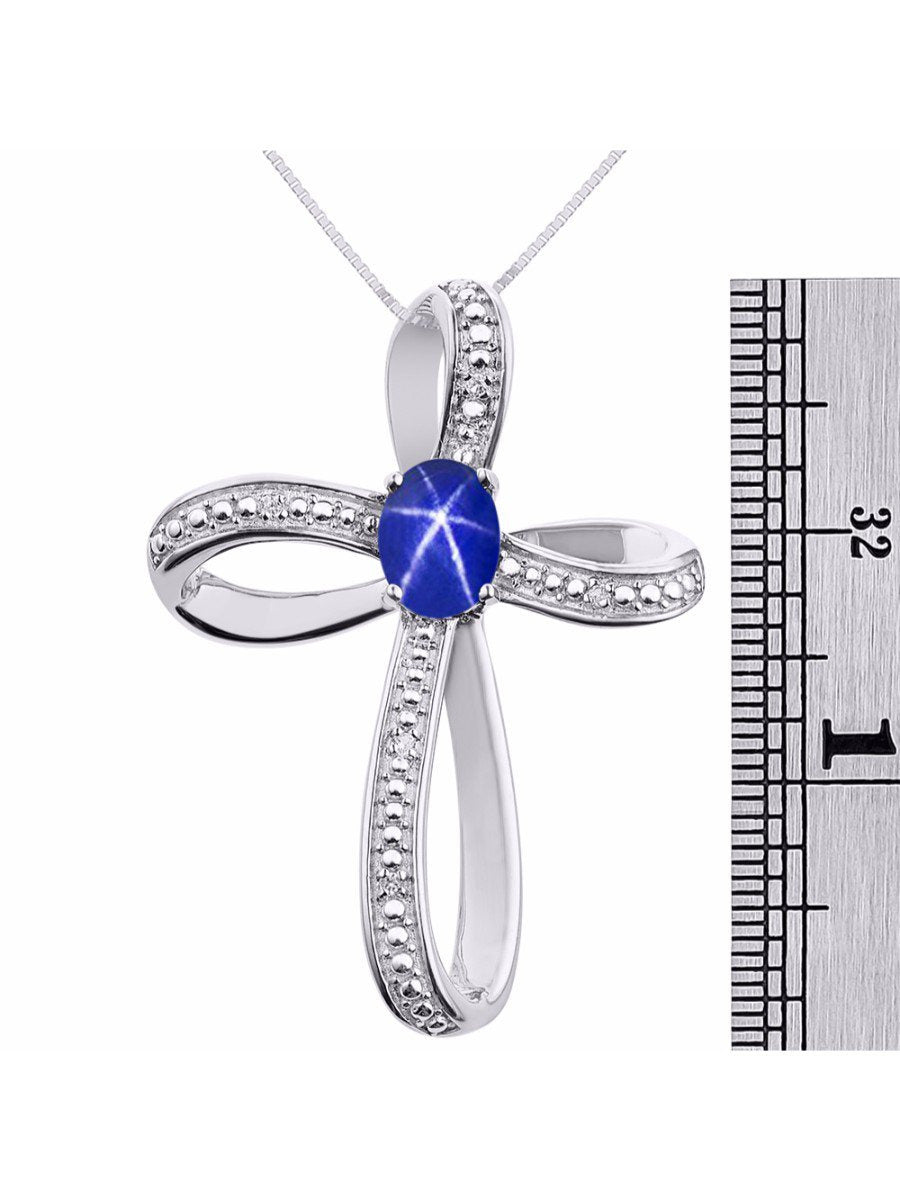 Diamond & Blue Star Sapphire Cross Pendant Necklace Set in Set in 14K White Gold