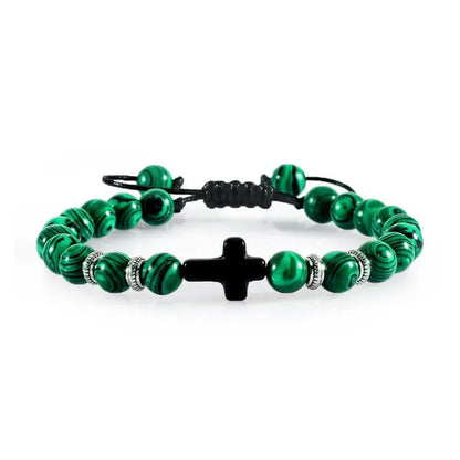 Handmade Natural Stone Wooden Beaded Bracelet Christian Jesus Cross Braided Brac