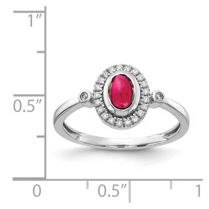 Real 14Kt White Gold Diamond and Oval Cabochon Ruby Halo Ring Size: 7; for Adult
