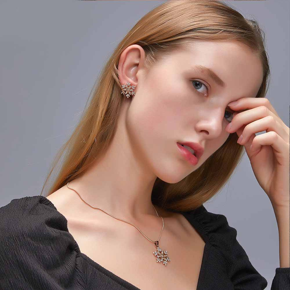 Simple Full Diamond Snowflake Necklace Earring Set