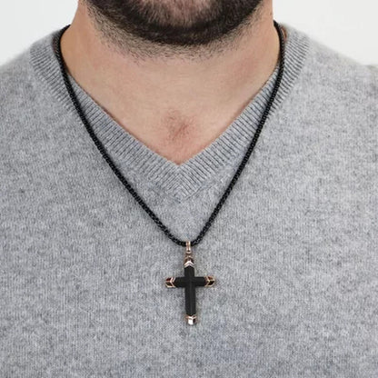 Spartan Men'S Carbon Fiber Black and Rose Gold IP Stainless Steel Cross Pendant