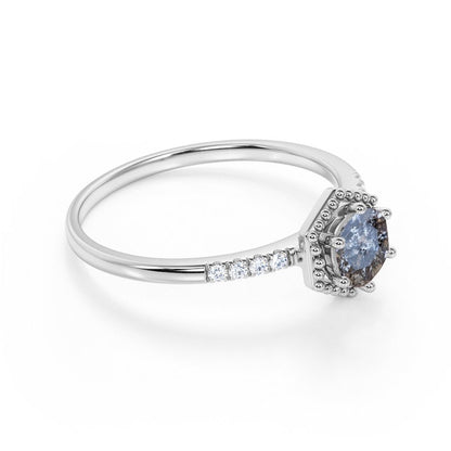 Hexagon .65 Carat round Cut Natural Salt and Pepper Diamond Pave Accent Minimali